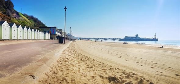 Row of Bournemouth beach hots on a summers day